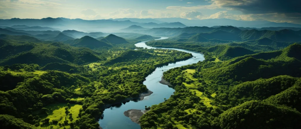 An aerial view unveils the awe-inspiring Amazon Rainforest, a vast emerald tapestry that stretches beyond the horizon.