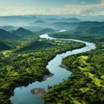 An aerial view unveils the awe-inspiring Amazon Rainforest, a vast emerald tapestry that stretches beyond the horizon.