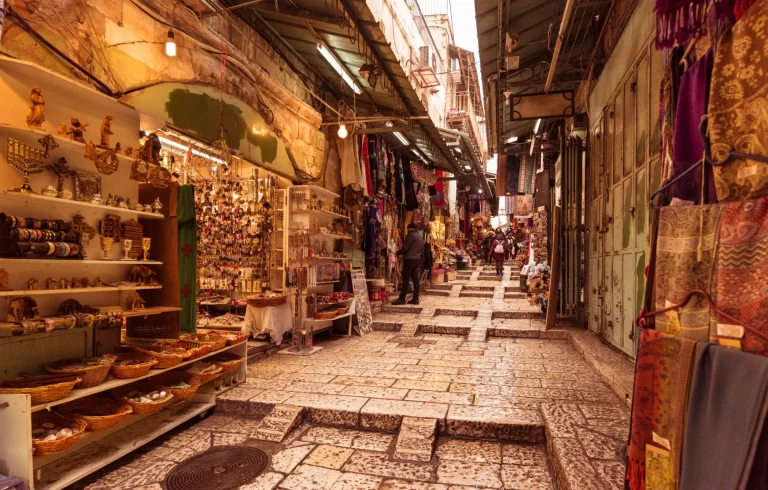 The Arabic suq in the historic old city of Jerusalem, Israel., Middle East