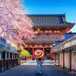 Asian woman wearing japanese traditional kimono at Temple in Tokyo, Japan.