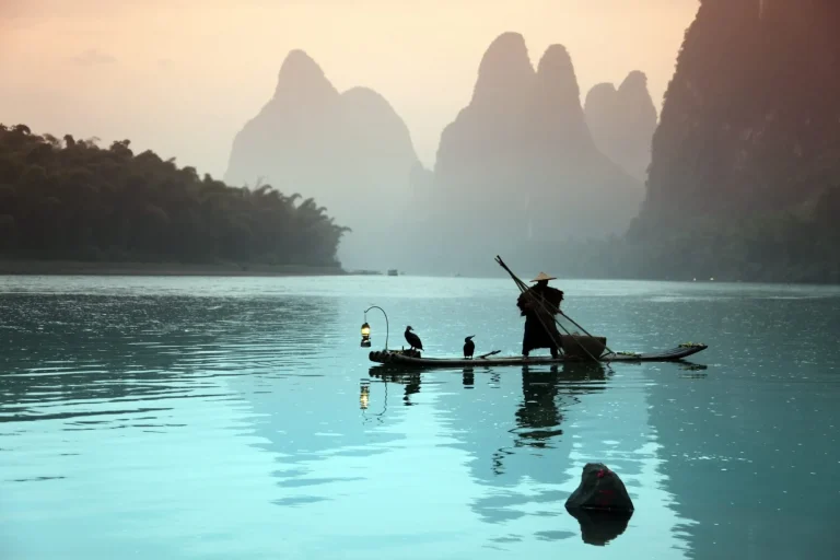 Chinese man fishing with cormorants birds
