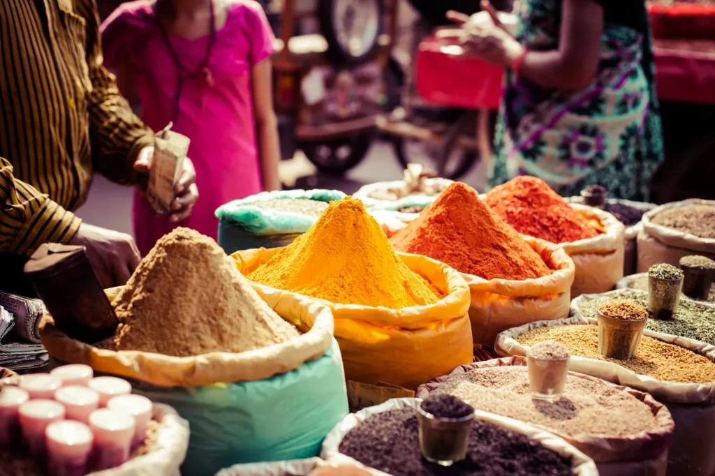 Traditional spices and dry fruits in local bazaar in India.