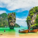 Amazed nature scenic landscape James bond island with boat for traveler Phang-Nga bay, Attraction famous landmark tourist travel Phuket Thailand summer vacation trips, Tourism destinations place Asia